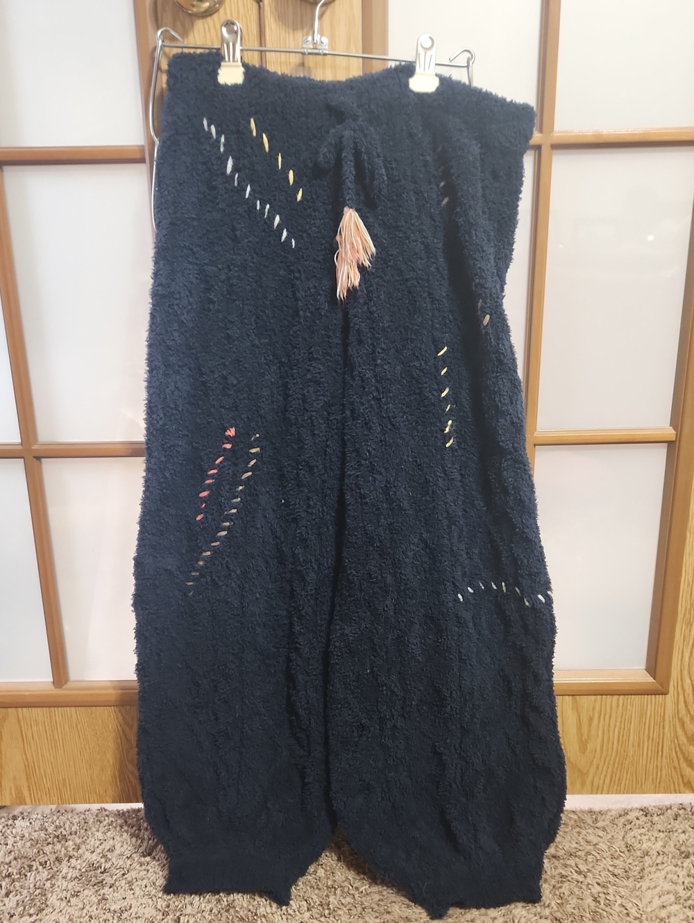 POL berber Knit Jogger Pants With Multi Color Hand Stiching Navy Blue Medium